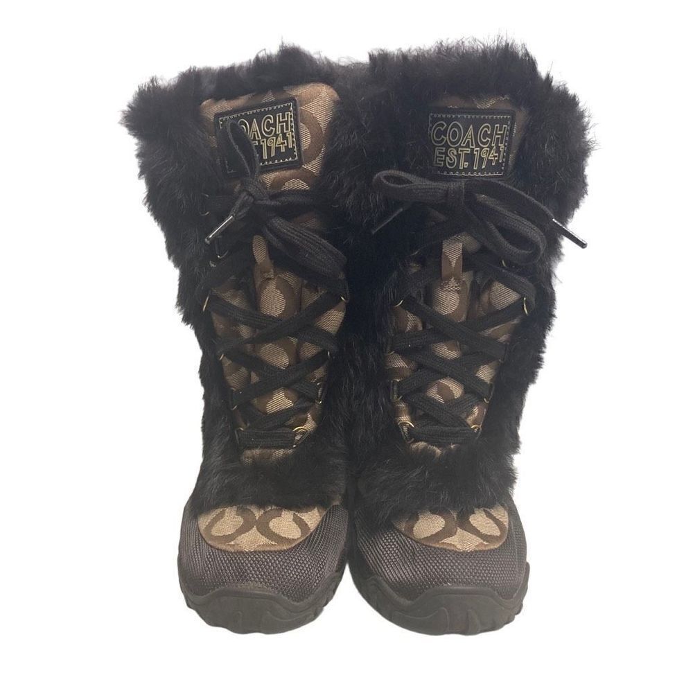 COACH Jeannie Signature Fur‎ Lined Boots Size 7B Mid Calf Brown & Black Size 7B